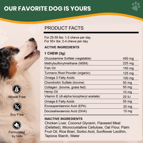 Veterinary Naturals Hemp & Hips Joint Supplement for Dogs - 60 Soft Chews for Dog Hip and Joint Supplement with Glucosamine for Dogs, MSM, & Turmeric (Rotisserie Chicken)