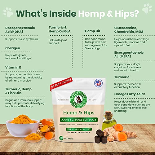 Veterinary Naturals Hemp & Hips Joint Supplement for Dogs - 60 Soft Chews for Dog Hip and Joint Supplement with Glucosamine for Dogs, MSM, & Turmeric (Rotisserie Chicken)