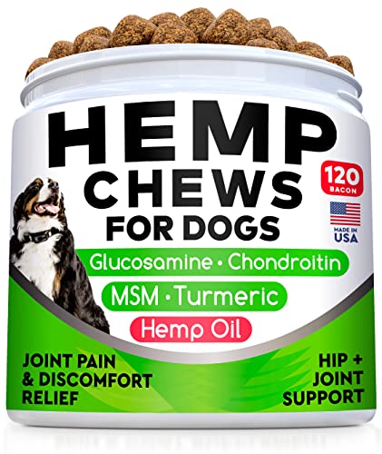 All-Natural Hemp Chews + Glucosamine for Dogs - Advanced Hip & Joint Supplement w/Hemp Oil Turmeric MSM Chondroitin + Hemp Protein to Improve Mobility - Joint Pain Relief Made in USA - Bacon Flavor