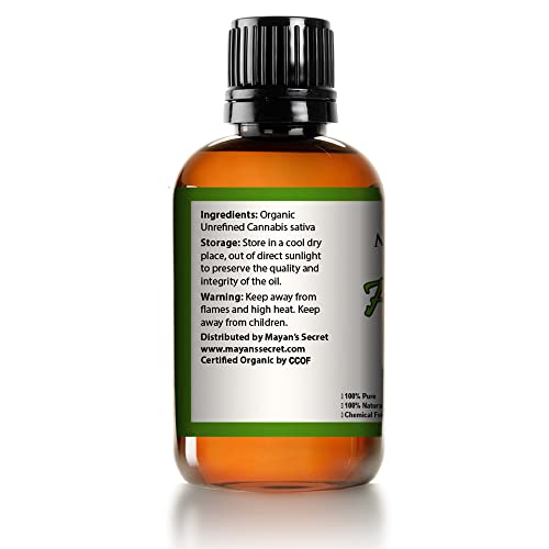 Mayan's Secret Hemp Seed Oil USDA Certified Organic Virgin Cold-Pressed High in Omega 3-6-9 Fatty Acids- Not CBD oil- Sativa Oil-, Non-GMO, Cruelty Free- Large 4oz Glass Bottle