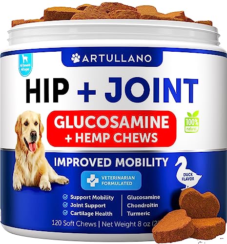 Artullano Hemp Hip and Joint Supplement for Dogs - Glucosamine for Dogs, Chondroitin - Hemp Oil - MSM - Mobility - Dog Joint Supplement - Dog Joint Pain Relief - Advanced Joint Health - Made in USA