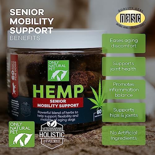 Only Natural Pet Hemp Senior Mobility Support - Hip & Joint Supplement for Dogs with Hemp Oil, MSM and Boswellia Serrata - 60 Count Soft Chews