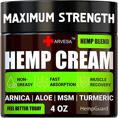 Natural Hemp Cream for Muscles, Joints, Back, Knees, Neck, Fingers, Elbows - High Strength Hemp Oil Extract with Arnica, Emu Oil, Turmeric - Made in The USA