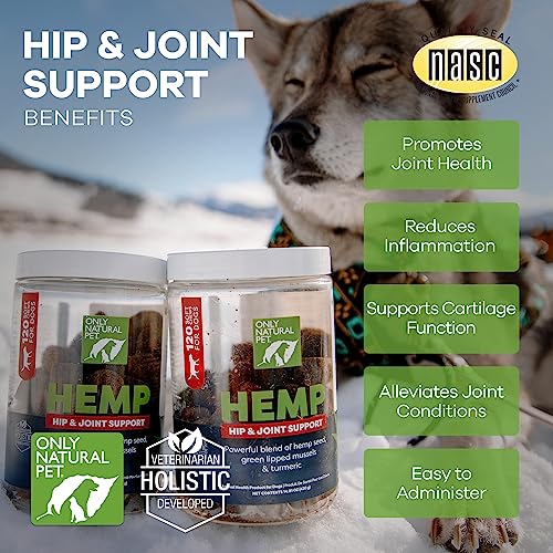 Only Natural Pet Hip & Joint Hemp Soft Chews - with Turmeric, Green Lipped Mussels - Hip & Joint Supplement for Dogs, Pain Relief & Mobility Support Formula, 120 Count