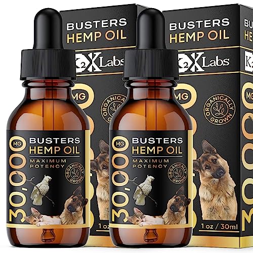 K2xLabs Max Potency Buster's Organic Hemp Oil [2Pack, 2Months Supply] & Treats for Dogs & Cats - Perfect Ratio Omega 3 & 6 - Made in USA - Hip & Joint Health, Natural Relief, Calming (2-Month)