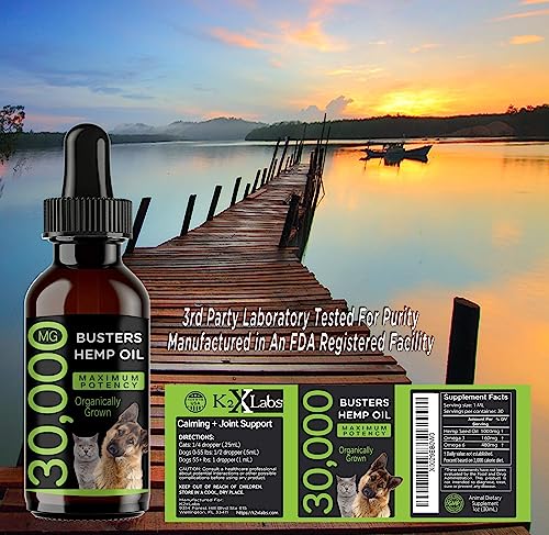 K2xLabs Max Potency Buster's Organic Hemp Oil [2Pack, 2Months Supply] & Treats for Dogs & Cats - Perfect Ratio Omega 3 & 6 - Made in USA - Hip & Joint Health, Natural Relief, Calming (2-Month)