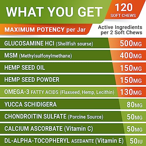 Hemp Treats - Glucosamine Dog Joint Supplement + Omega 3 - w/Hemp Oil - Chondroitin, MSM - Advanced Mobility Chews - Joint Pain Relief - Hip & Joint Care - Chicken Flavor - 120 Ct - Made in USA