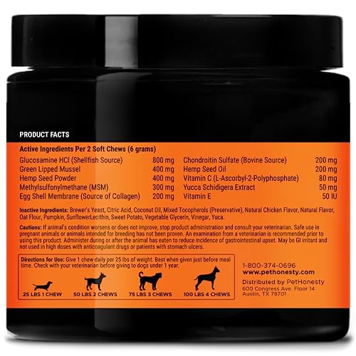 PetHonesty Senior Hemp Mobility - Hip & Joint Supplement for Senior Dogs - Hemp Oil & Powder, Glucosamine, Collagen, MSM, Green Lipped Mussel, Support Mobility, Helps with Occasional Discomfort (90)