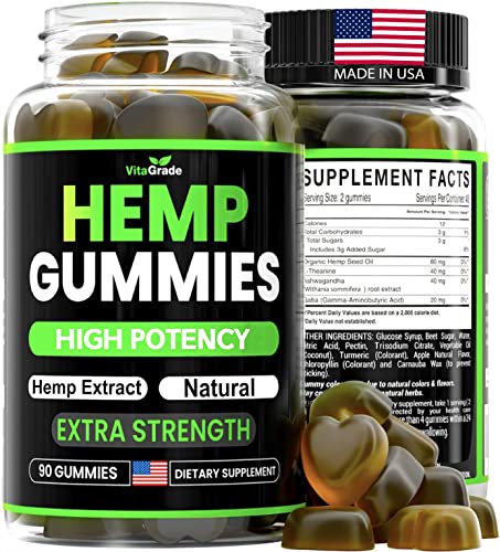 Hemp Gummies - Extra Strength - Great for Peace & Relaxation - Infused with Pure Hemp Oil Extract, Ashwagandha - L-Theanine - High Potency Supplement - Tasty Relief - 90 Edibles - Made in USA