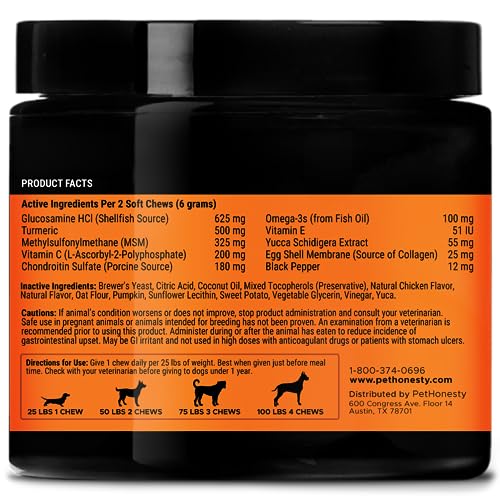 PetHonesty Hip & Joint Health - Dog Joint Supplement Support for Dogs with Glucosamine Chondroitin, MSM, Turmeric - Glucosamine for Dogs Soft Chews - Advanced Pet Joint Support and Mobility - (90 ct)