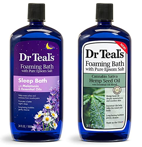 Dr Teal's Foaming Bath Combo Pack (68 fl oz Total), Hemp Seed Oil with Essential Oil Blend, and Melatonin Sleep Soak. Treat Your Skin, Your Senses, and Your Stress.