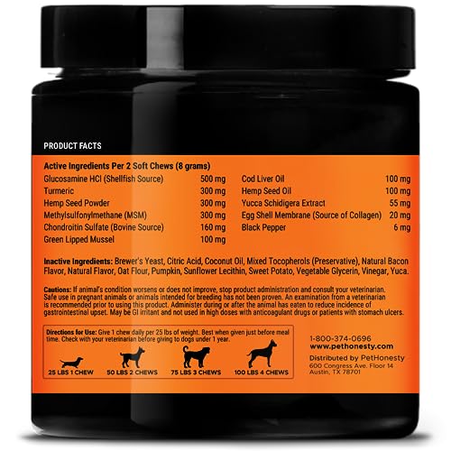 Pet Honesty Hemp Hip & Joint Supplement for Dogs - Hemp Oil & Hemp Powder - Glucosamine Chondroitin for Dogs, Turmeric, MSM, Green-Lipped Mussel, Supports Mobility, May Reduce Discomfort (Bacon)