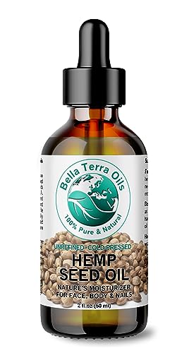 Bella Terra Oils Hemp Seed Oil. 2 oz. 100% Pure Cold-pressed Unrefined Organic Natural Moisturizer for Skin Hair. Rich in Antioxidants