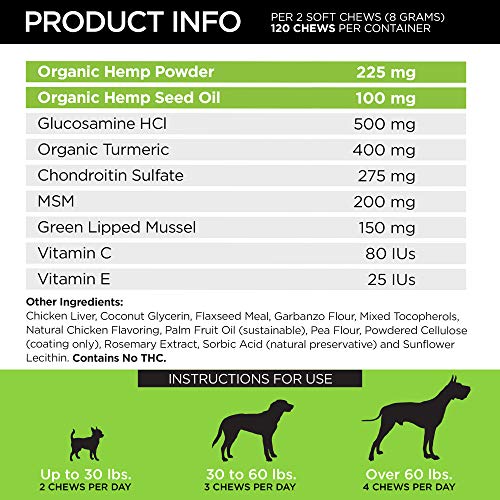 Hemp Chewz Hip & Joint Supplement for Dogs with Organic Hemp Oil, Hemp Seed Powder, Glucosamine + Chondroitin, Turmeric, MSM, Green Lipped Mussel