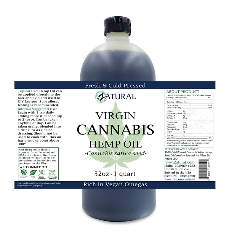 Zatural Hemp Oil (32oz) 100% Pure Cold Pressed High Vegan Omegas 3 & 6 No Fillers or Additives Therapeutic Grade (32 Ounce)