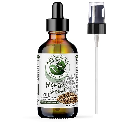 Hemp Seed Oil. 4oz. 100% Pure. Cold-pressed. Unrefined. Organic. Non-GMO. Chemical-free. Soothes Dry Skin. Rich in Omega 3, 6. Natural Moisturizer for Hair, Skin, Beard, Stretch Marks. Bella Terra Oils.