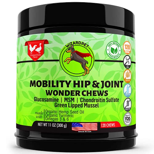 WIZARDPET Advanced Hemp Hip & Joint Supplement for Dogs | Glucosamine Chondroitin for Dogs | Omegas | Turmeric MSM Green Lipped Mussel, Dog treats support mobility | 120 Chews