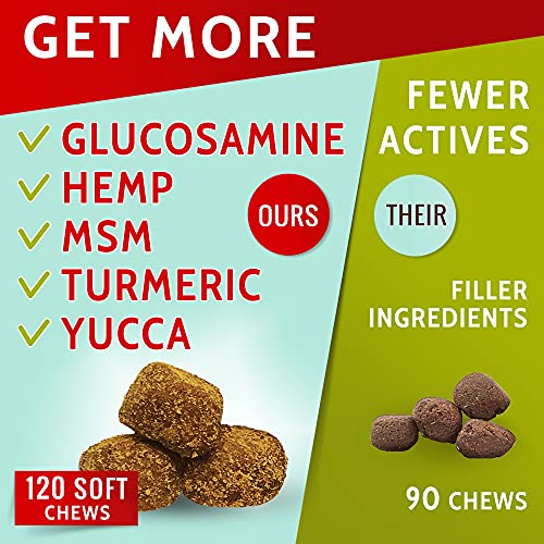 PawfectChew Hemp + Glucosamine Treats for Dogs - Made in USA Hip & Joint Supplement w/Hemp Oil Chondroitin MSM Turmeric - Natural Pain Relief - All Breeds Sizes - 120 Soft Chews