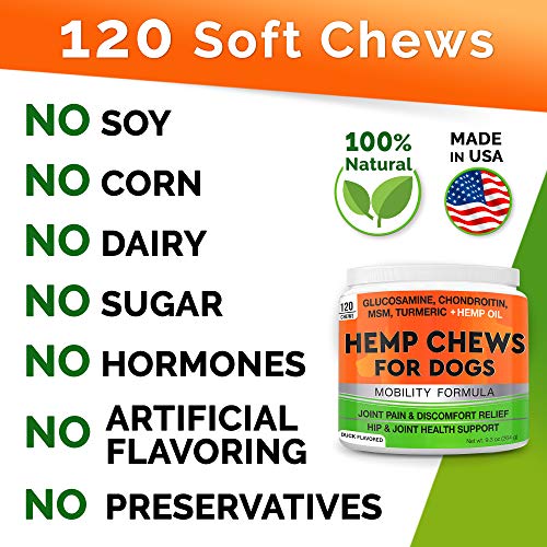 GOODGROWLIES Hemp Hip & Joint Supplement for Dogs Glucosamine, Chondroitin, MSM, Turmeric, Hemp Seed Oil & Hemp Protein for Joint Pain Relief & Mobility 120 Soft Chews