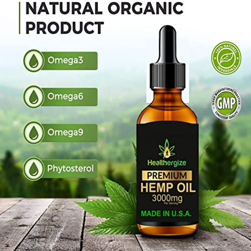 Healthergize Hemp Oil Premium, Non-GMO, Unrefined with Full Flavor and Natural Benefits, Pure Organic, for Calm, Sleep, Discomfort-Product of The USA