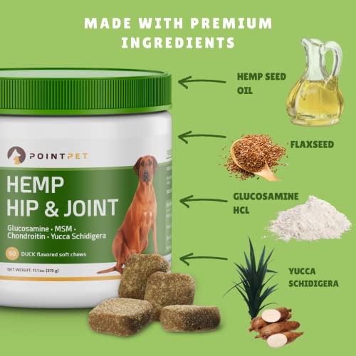 POINTPET Hemp Hip and Joint Supplement for Dogs with Hemp Oil, Glucosamine Chondroitin, MSM, Omega 3&6, Promotes Healthy Normal Cartilage Development and Healthy Joints