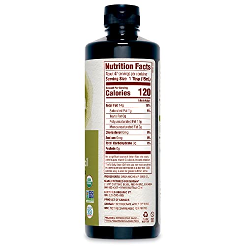 Nutiva Organic Cold-Pressed Unrefined Raw Hemp Seed Oil, 24 Ounce, USDA Organic, Non-GMO, Whole 30 Approved, Vegan, Gluten-Free & Keto, Rich In Omega 3 & 6 Fatty Acids