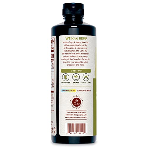 Nutiva Organic Cold-Pressed Unrefined Raw Hemp Seed Oil, 24 Ounce, USDA Organic, Non-GMO, Whole 30 Approved, Vegan, Gluten-Free & Keto, Rich In Omega 3 & 6 Fatty Acids