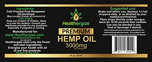 Healthergize Hemp Oil Premium, Non-GMO, Unrefined with Full Flavor and Natural Benefits, Pure Organic, for Calm, Sleep, Discomfort-Product of The USA