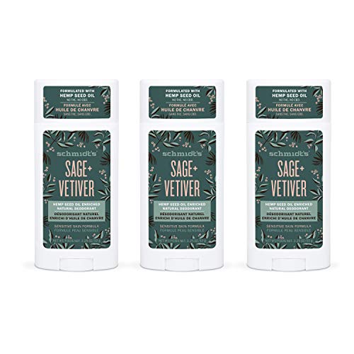 Schmidt's Aluminum Free Sensitive Skin Natural Deodorant with Hemp Seed Oil For 24 Hour Odor Protection and Freshness, Sage + Vetiver Vegan, Certified Cruelty Free, 3.25 Ounce (Pack of 3)