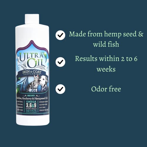 Ultra Oil Skin and Coat Supplement for Dogs and Cats with Hemp Seed Oil, Flaxseed Oil, Grape Seed Oil, Fish Oil for Relief from Dry Itchy Skin, Dull Coat, Hot Spots, Dandruff, and Allergies (16 Fl Oz (Pack of 1))