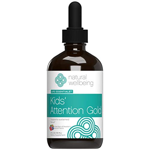 Natural Wellbeing - Kids' Attention Gold - Natural Support for Focus and Concentration - New Mixed Berry & Raspberry Flavor - 4oz (118ml)