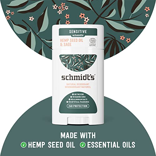 Schmidt's Aluminum Free Sensitive Skin Natural Deodorant with Hemp Seed Oil For 24 Hour Odor Protection and Freshness, Sage + Vetiver Vegan, Certified Cruelty Free, 3.25 Ounce (Pack of 3)
