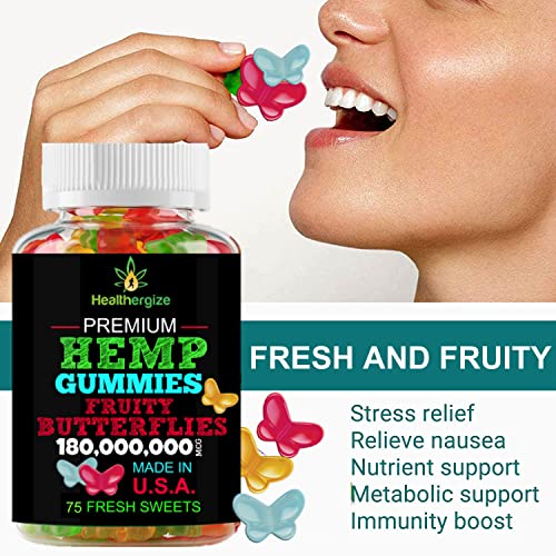 Healthergize Hemp Gummies-Premium Butterflies-Best Tasting, Soft and Fresh-Made in USA-Natural Hemp Oil for Calm, Relax, Rest, Discomfort-75 Sweets