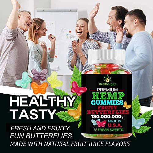 Healthergize Hemp Gummies-Premium Butterflies-Best Tasting, Soft and Fresh-Made in USA-Natural Hemp Oil for Calm, Relax, Rest, Discomfort-75 Sweets