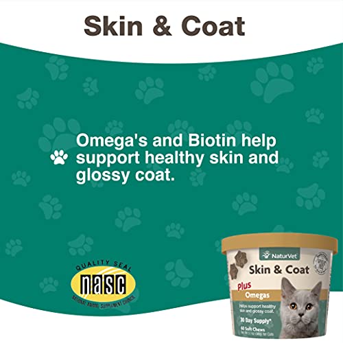 NaturVet – Skin & Coat Plus Omegas for Cats – 60 Soft Chews | Supports Healthy Skin & Glossy Coat | Enhanced with Omega-3, Omega-6 & Biotin | 30 Day Supply