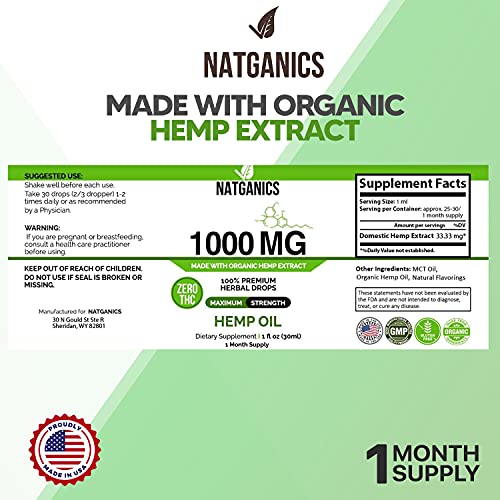 Organic Hemp Oil 1000mg - Ultra Premium Hemp Oil Drops 1000mg - Natural Hemp Oil Extract Tincture - Non-GMO Ultra-Pure CO2 Extracted Drops - Omega Fatty Acids 3 6 9 - Organically Grown & Made in USA