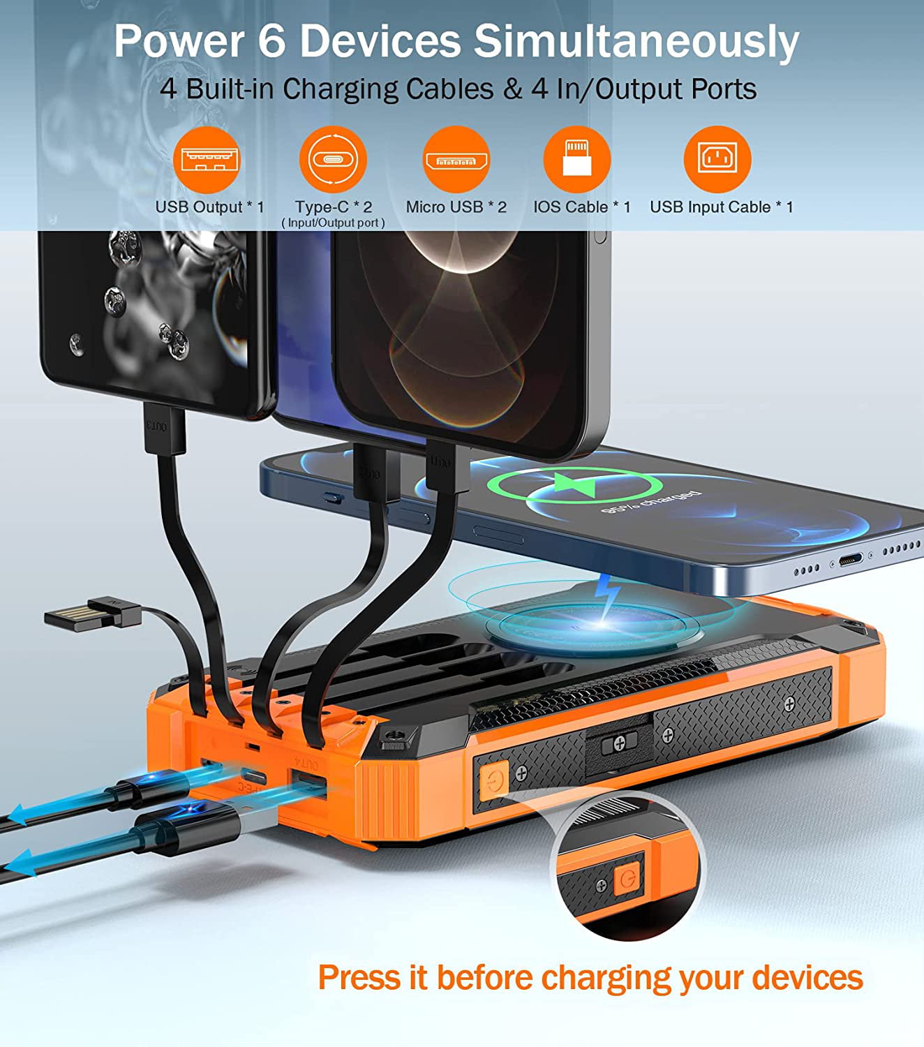 36000mAh Solar Power Bank with Wireless Charger & Flashlights