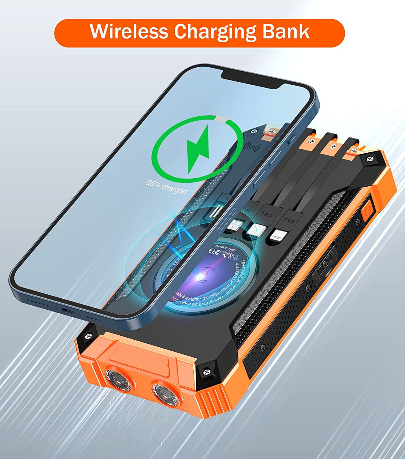 36000mAh Solar Power Bank with Wireless Charger & Flashlights