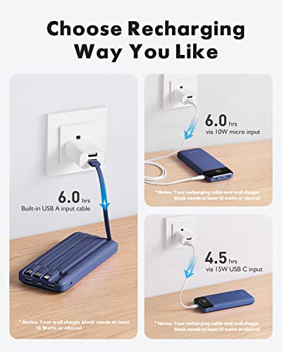 Slim Portable Charger with Built-in Cables, 10000mAh Power Bank