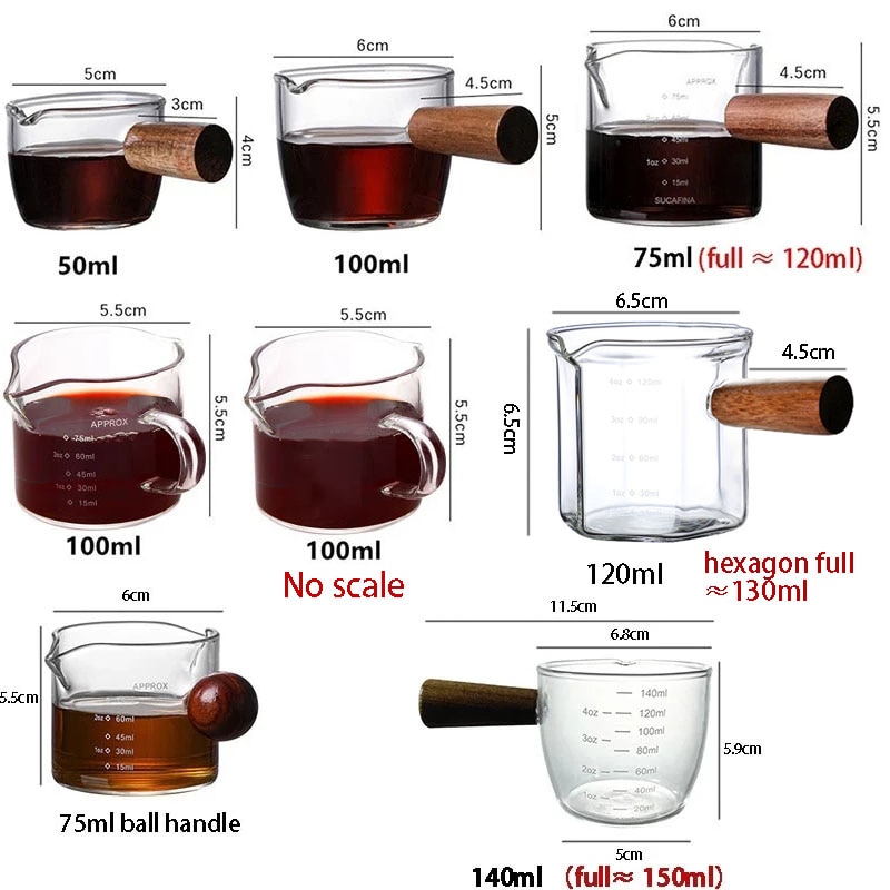 Wooden Handle Glass Espresso Measuring Cup Set