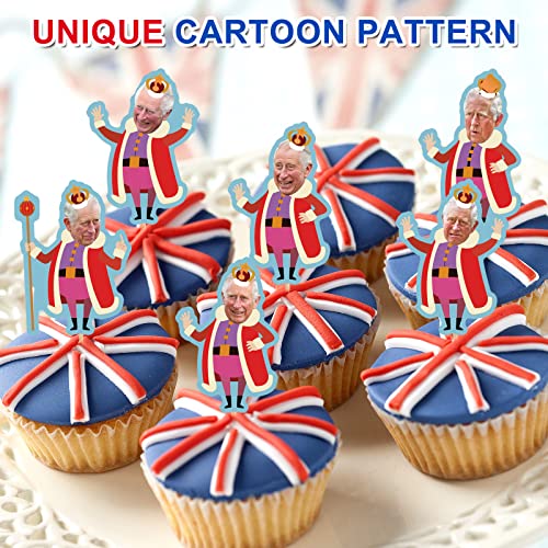 Runmeihe 24 PCS King Charles Cupcake Toppers, Coronation Decorations Cartoon Charles III Cake Topper, Kings Coronation Decorations for Coronation Party, Birthday Party, Wedding Party