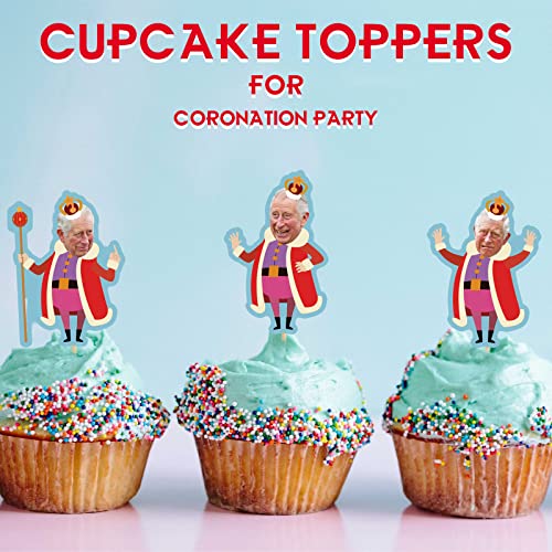 Runmeihe 24 PCS King Charles Cupcake Toppers, Coronation Decorations Cartoon Charles III Cake Topper, Kings Coronation Decorations for Coronation Party, Birthday Party, Wedding Party