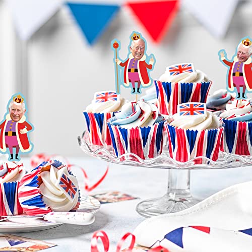 Runmeihe 24 PCS King Charles Cupcake Toppers, Coronation Decorations Cartoon Charles III Cake Topper, Kings Coronation Decorations for Coronation Party, Birthday Party, Wedding Party