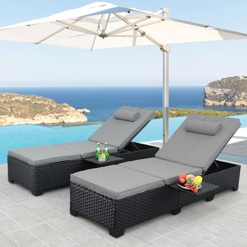 2 Black Rattan Outdoor Chaise Lounge Chairs with Cushions