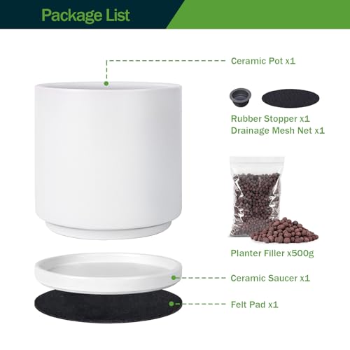 Kazeila 12" Ceramic Planter Pot - Saucer, Drainage - White