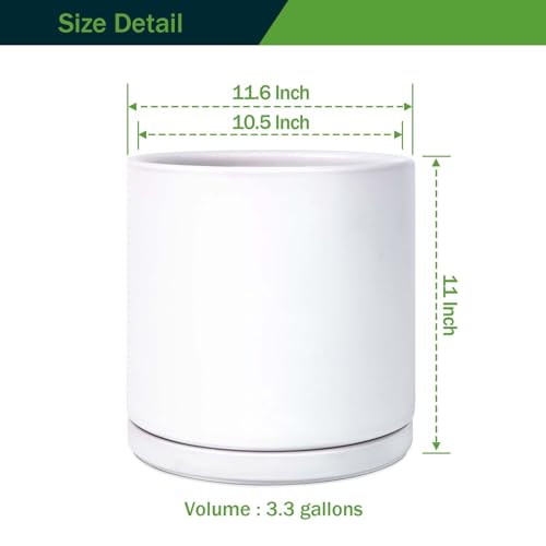 Kazeila 12" Ceramic Planter Pot - Saucer, Drainage - White