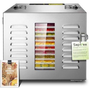 Septree Food Dehydrator for Jerky, Usable Area up to 17ft², 1000W Detachable Full Stainless Steel Dryer Machine with 10 Trays and 1 Drip Tray, up to 194℉ Temperature, 24H Timer Control, for Meat, Fruit, Beef, Herbs, and Pet Food