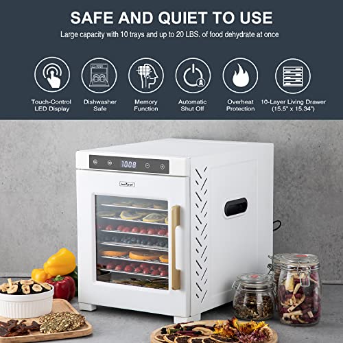NutriChef Premium Machine-900 Watts 10 Shelf Stainless Steel Dehydrator with Digital Timer and Temperature, Touch-Control LED Display, Perfect Way to Preserve Foods and More, one size, White