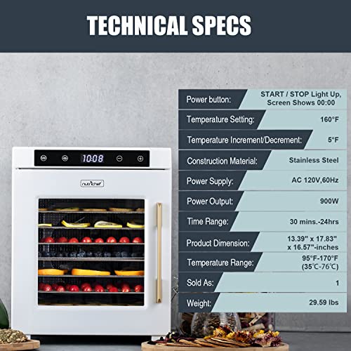 NutriChef Premium Machine-900 Watts 10 Shelf Stainless Steel Dehydrator with Digital Timer and Temperature, Touch-Control LED Display, Perfect Way to Preserve Foods and More, one size, White