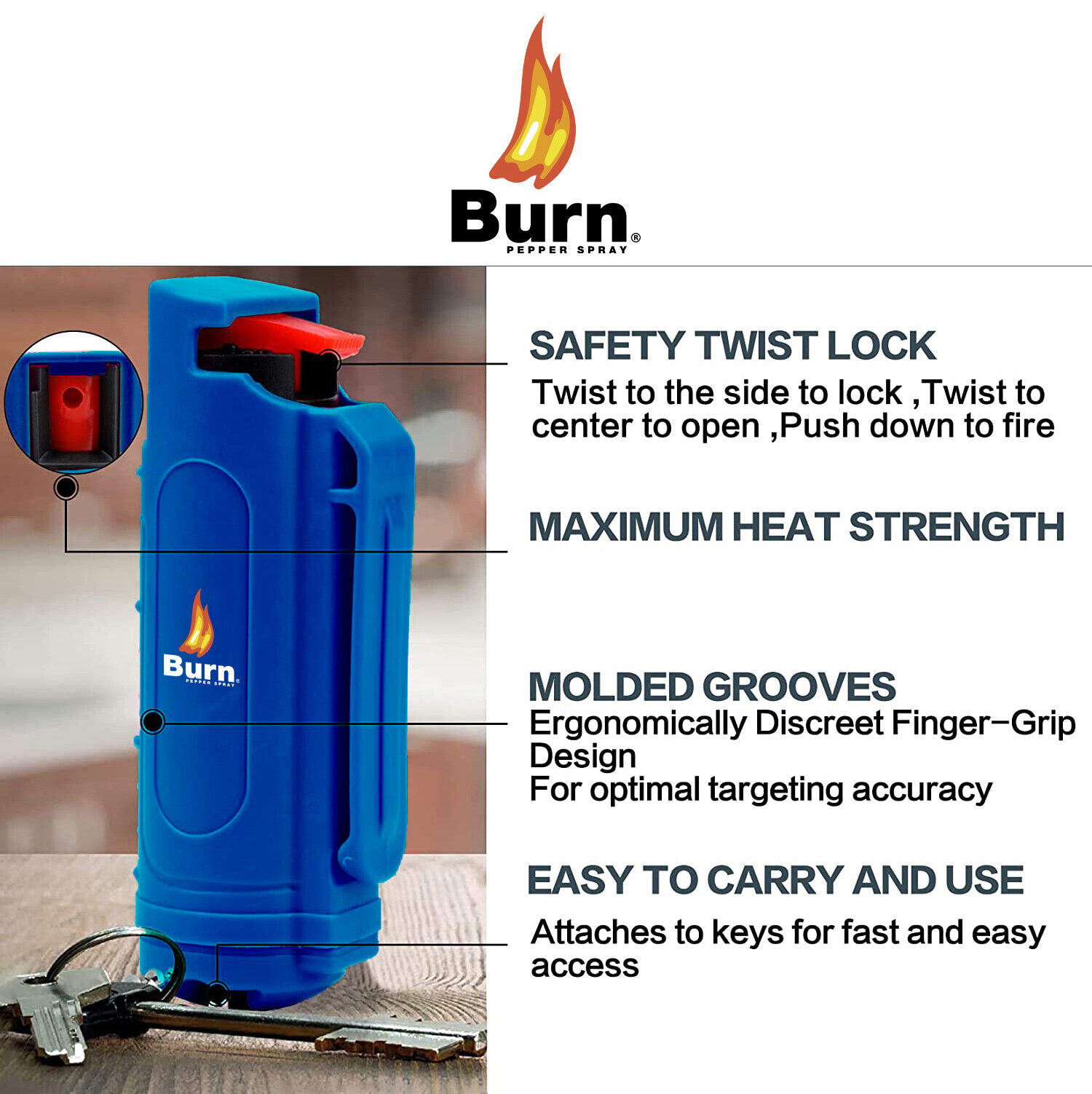 2-PACK BURN Pepper Spray Keychains - Blue